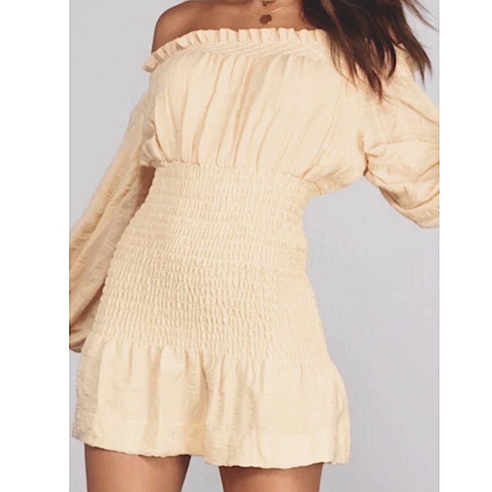 Mable smocked off shoulder mini dress cream NWOT